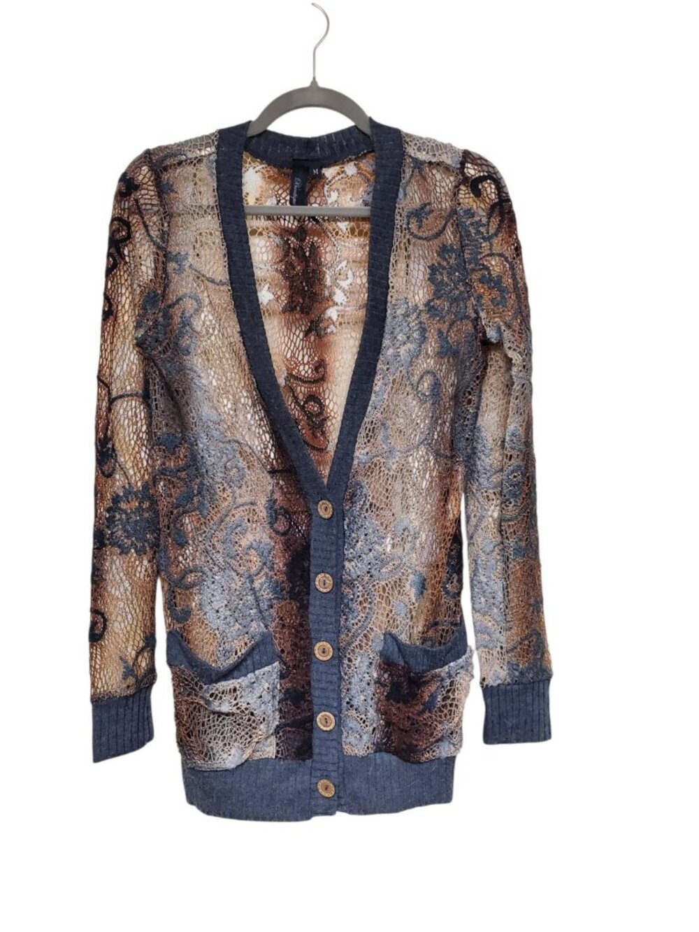 BKE Boutique Women's Multicolor Open Crochet Knit Button Up Grandpa Cardigan M